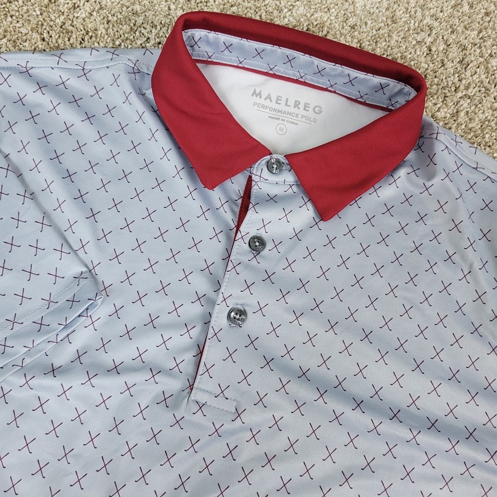 Maelreg Mens Medium Gray AOP Golf Clubs‎ Performance Stretch Polo Short Sleeve